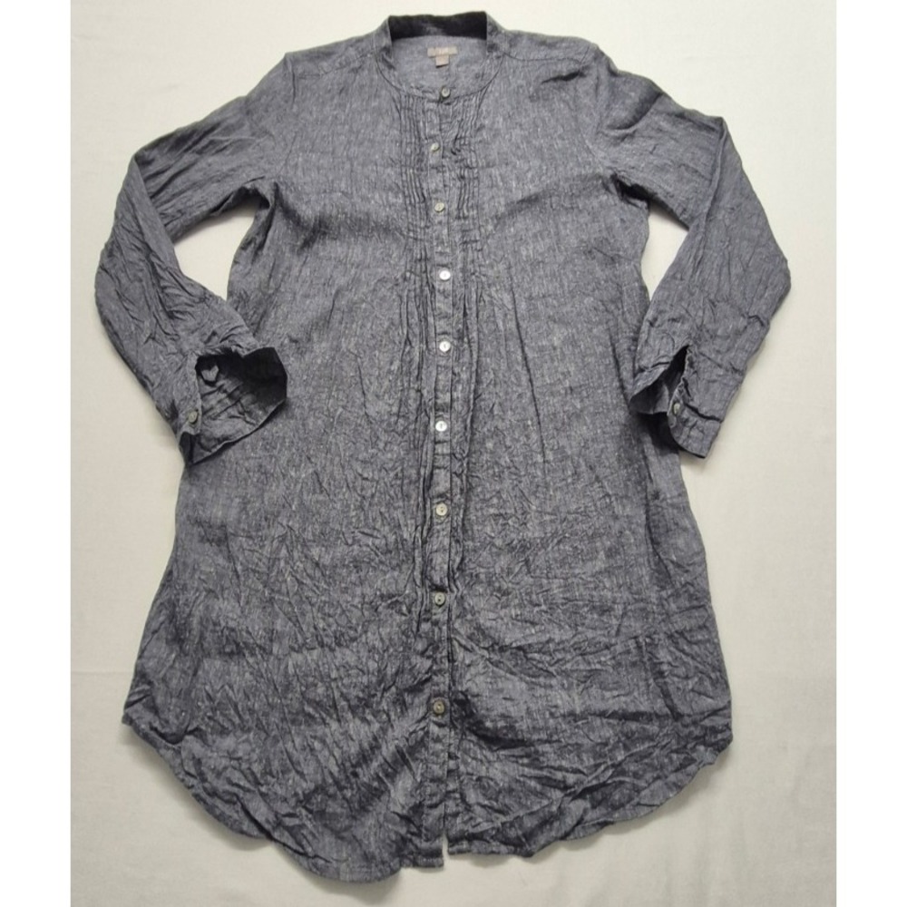 J Jill women gray linen blend long sleeve tunic dress S button front band collar